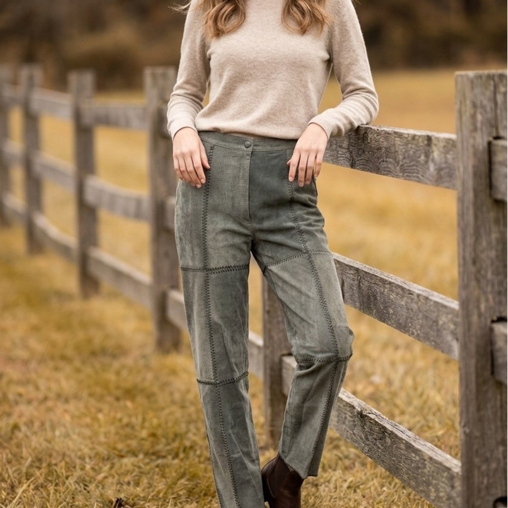 Vintage Genuine Suede Patchwork Pants Green Whipstitch M Western Boho Y2K Indie